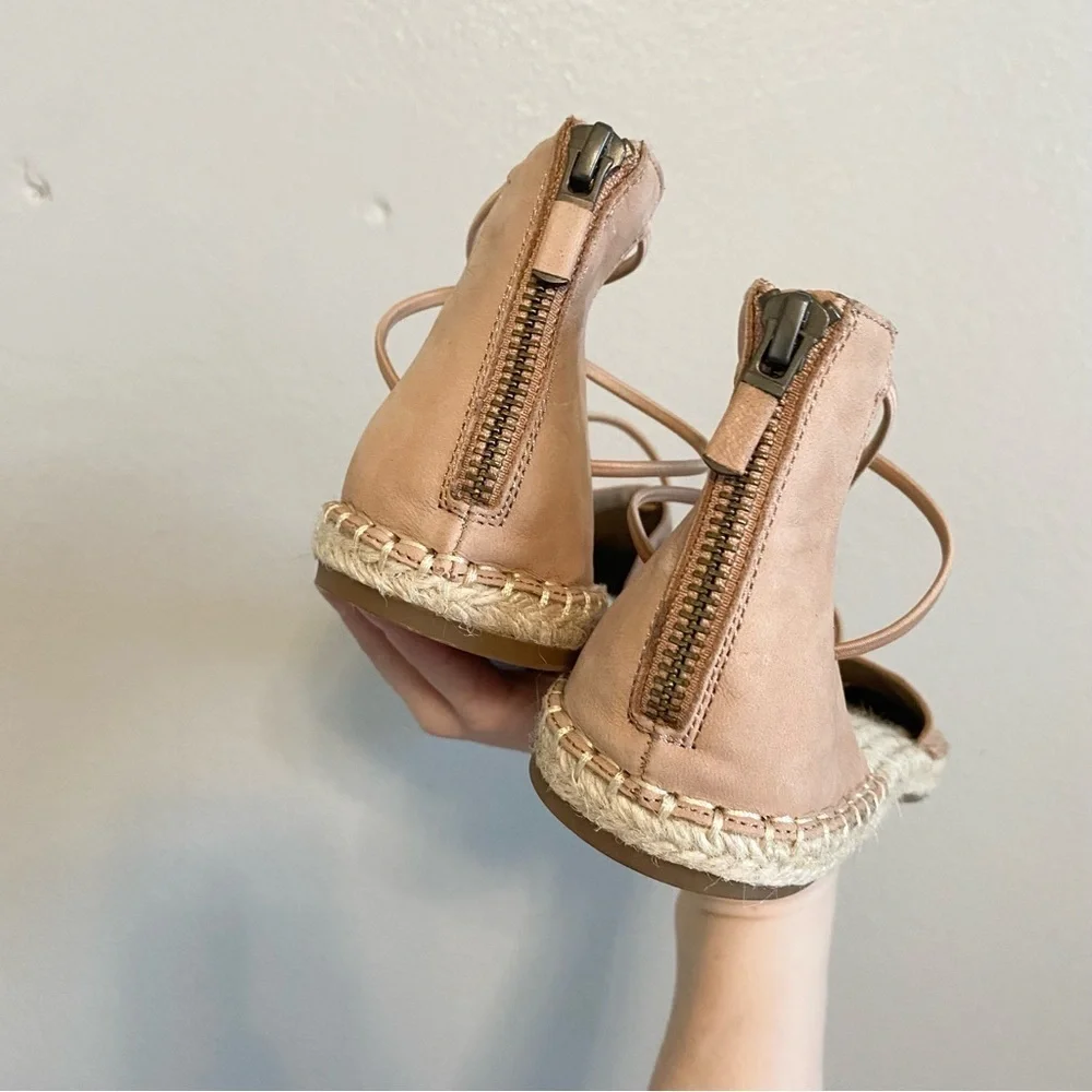 Eileen Fisher Light Tan Leather Lace Up Flat Espadrille Sandals Size 8